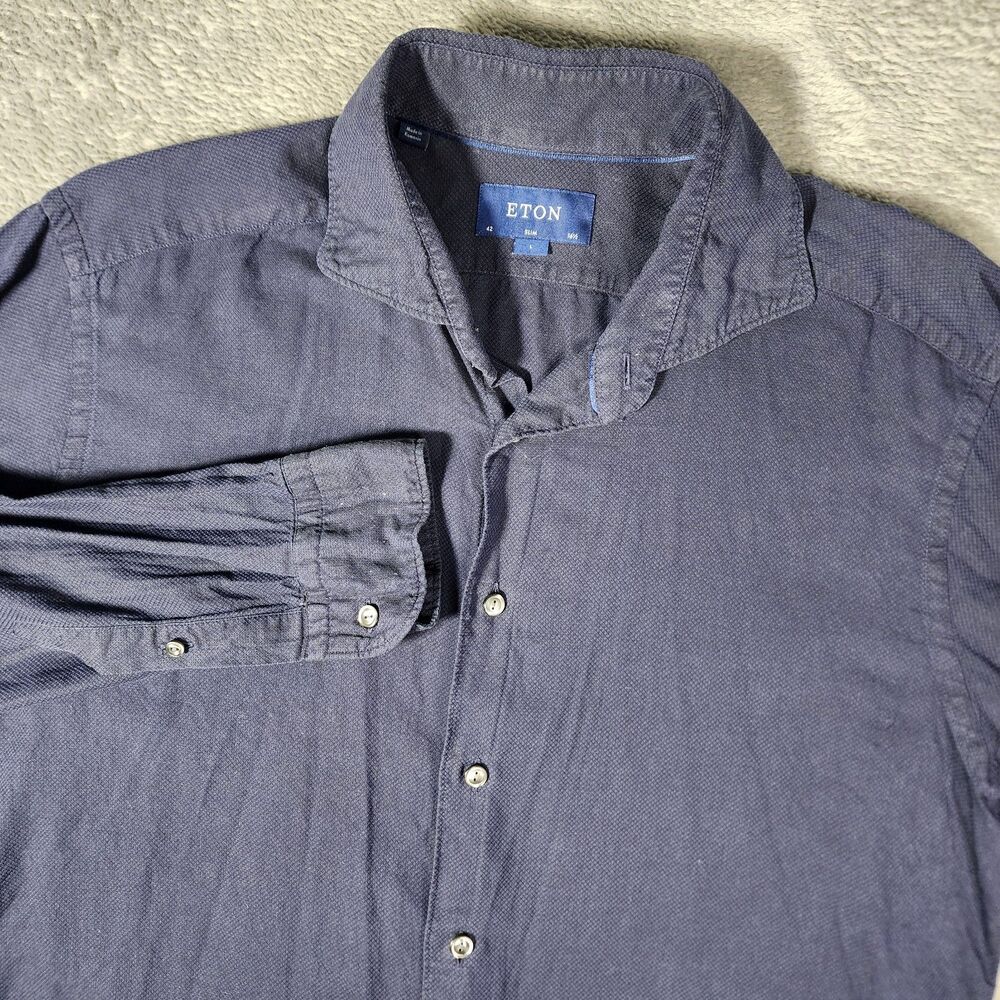 Eton Slim Fit Large 16.5 42 Navy Blue Dobby Cotton Silk Long Sleeve Button Shirt